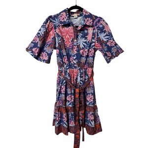 Band of the Free Womens Navy Pink Tropical Floral Puff Sleeve Mini Dress Small
